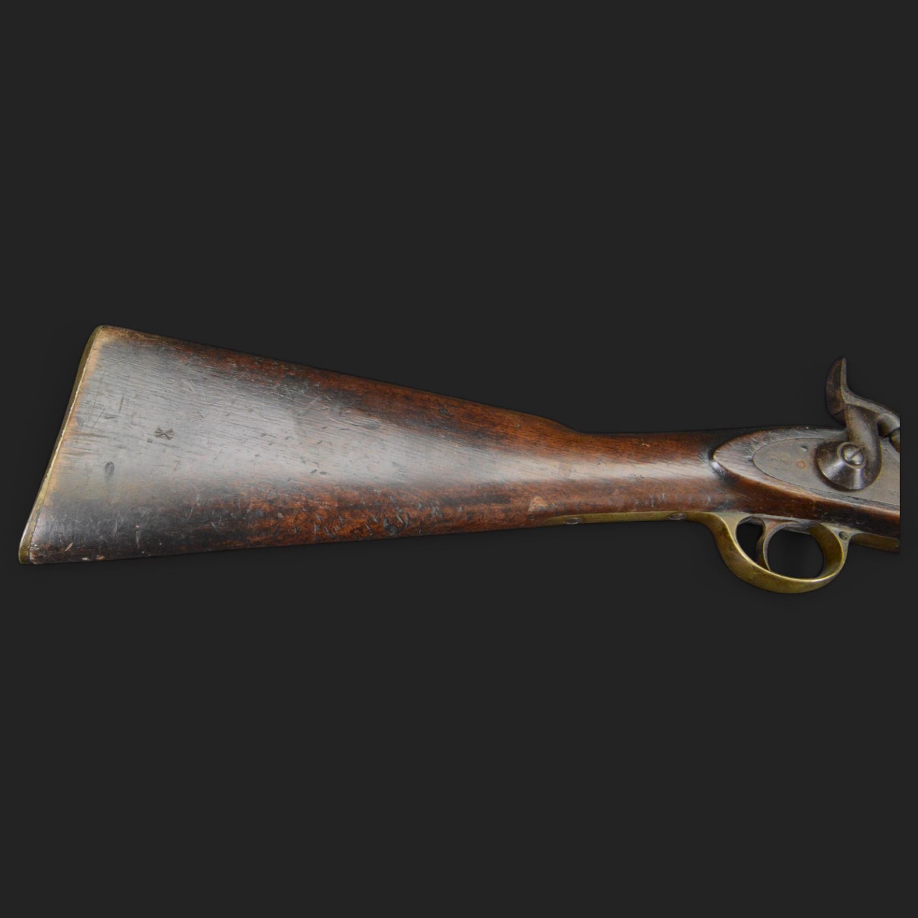 Two-Band short service musket, the L66cm barrel with sold out of service marks and indistinct marks, with ram rod beneath, the lock marked with crowned and Windsor 1855, overall L108cm
Sold as an exempt item under Section 58 (2) of the 1968 Firearms Act, to be held as a curiosity or ornament