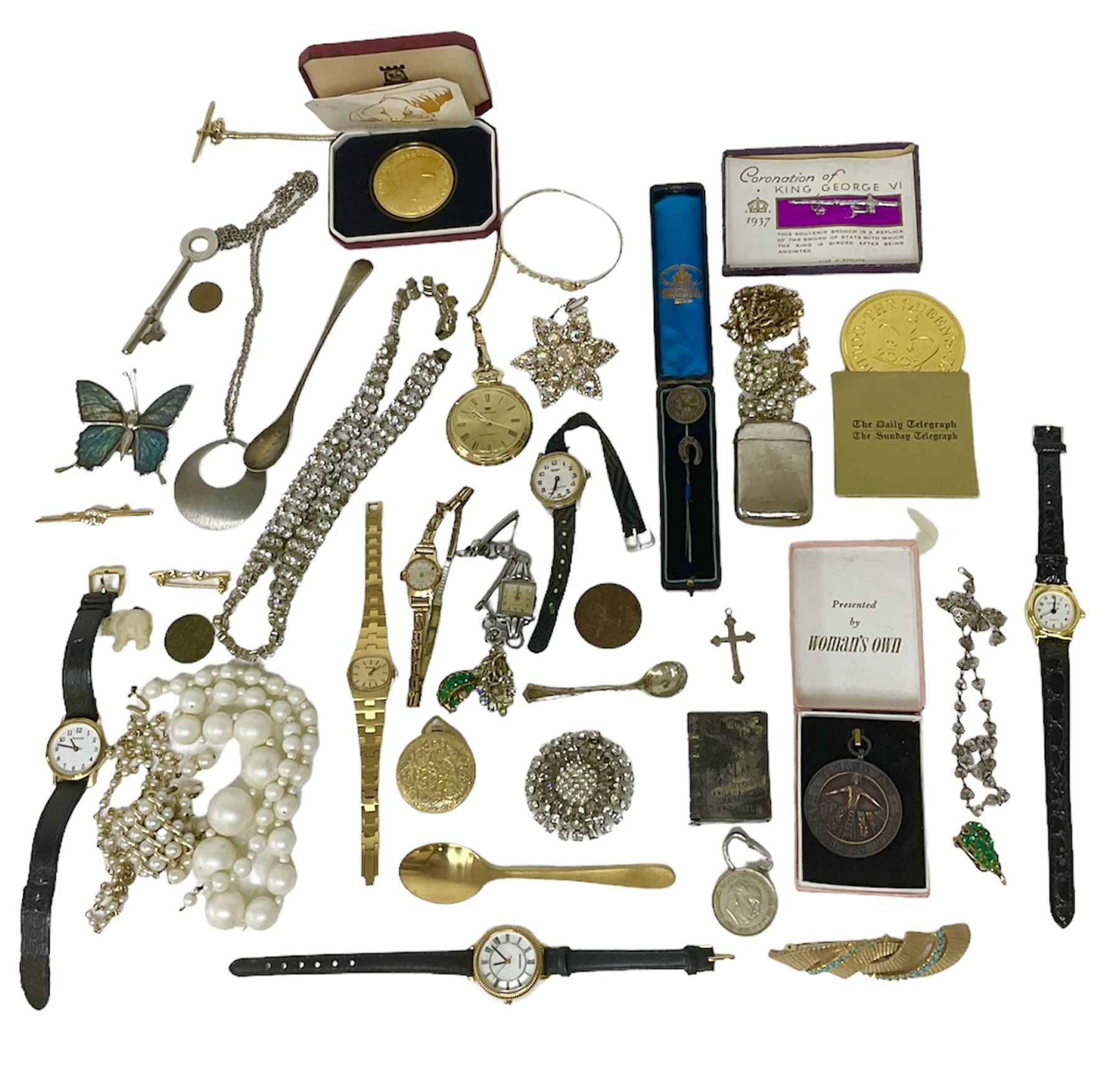 Silver horseshoe stick pin, silver cross pendant, silver-gilt Pobjoy Mint Earl Mountbatten of Burma commemorative medal, a collection of costume jewellery including brooches, necklaces and wristwatches and three base metal vesta cases 