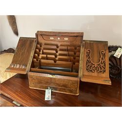 19th century burr walnut correspondence box, the sloped front opening to reveal a fitted interior with perpetual calendar, letter racks, and pen tray between two inkwell recesses, above a pull out draw with recessed brass handle, H41cm L40.5cm D28.5cm
