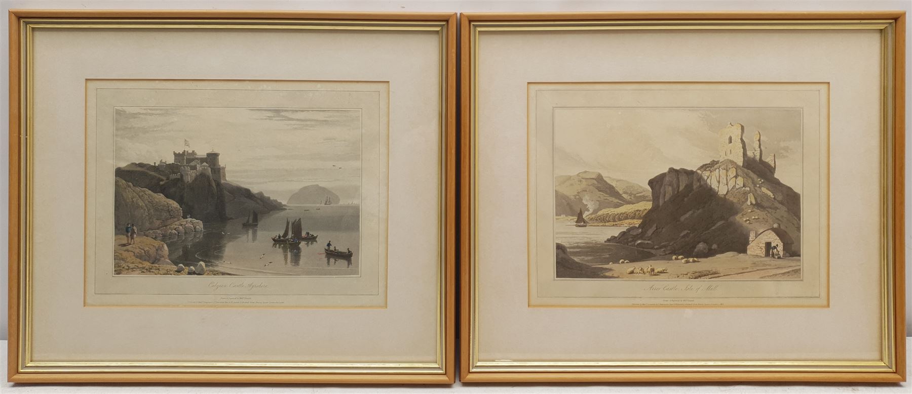 By and after William Daniell RA (British 1769-1837): 'Aros Castle Isle of Mull' and 'Culzean Castle Ayrshire', pair aquatints with hand colouring from Daniell's 'Voyage around Great Britain' pub. 1825, 20cm x 28cm (2)