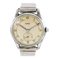 Tudor gentleman's plated manual wind wristwatch, Ref. 709, case No. 625113, dial with Arabic hour markers and subsidiary seconds dial, on expanding stainless steel strap