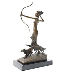 Bronze figure of Diana and her hounds, signed 'Lozenzl' to base, H33cm 