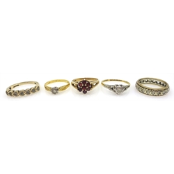  Two 18ct diamond rings, garnet cluster ring and diamond ring both hallmarked 9ct and one other stamped 9ct (5)  