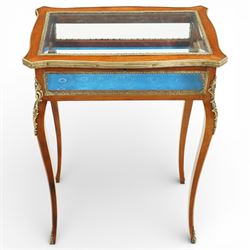 Early 20th century French mahogany bijouterie table, the hinged shaped rectangular top wit...