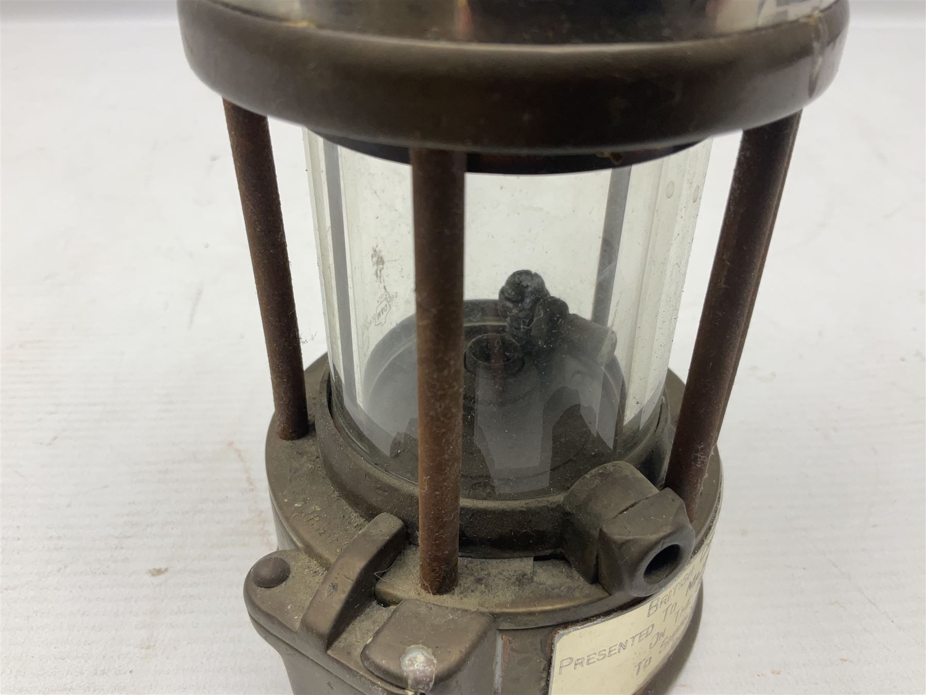 Miners Lamp The Protector, Eccles no 3533, with engraved plaque, H26cm