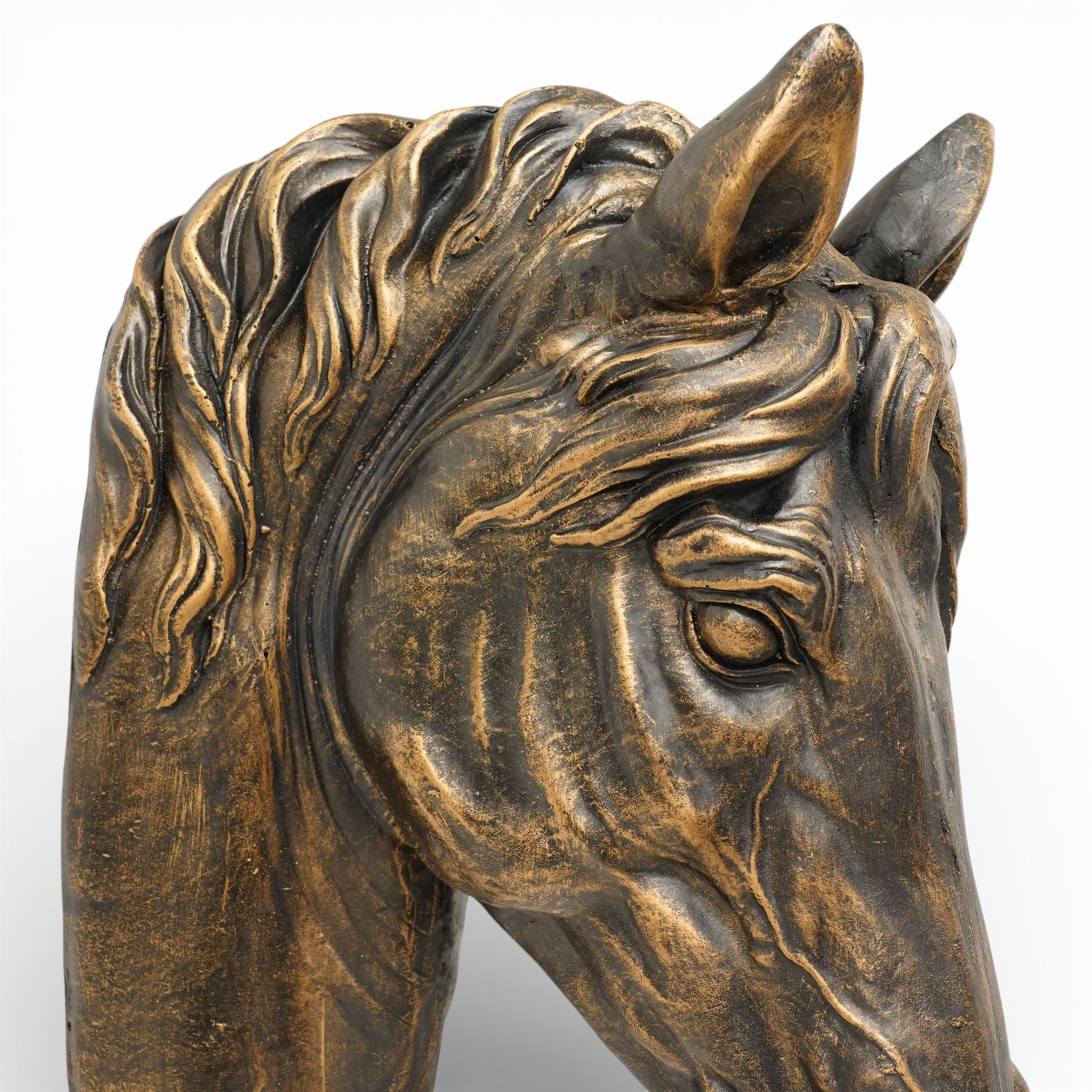 Pair of bronzed painted metal horse head wall mounts, 51cm 