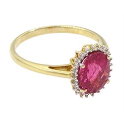 9ct gold rubellite tourmaline and white sapphire cluster ring, hallmarked