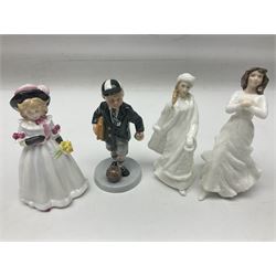 Ten Royal Doulton figures, to include Off To School HN3768, Cherie HN2341, Sharon HN3047 and Forget-Me-Not HN3388, all with printed mark beneath, together with a Limoges teacup and saucer