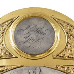 Johnathan Storr of York - 30 hour longcase clock c1770, in a later mahogany case with a decorative swan neck pediment, carved gilded eagle and fretwork, with a dogtooth moulding, break arch hood door and detached pilasters beneath, trunk with a conforming break arch topped door on a square plinth with raised moulding and bracket feet, brass arched dial with makers name to the arch, plain dial centre and silvered chapter ring with Roman numerals, five minute Arabic's, minute track and matching steel hands, chain driven movement with a countwheel strike on a bell. No Pendulum or weight.
Johnathan Storr was an 18th century York clockmaker, working from Petergate and Minster gates in the city centre.