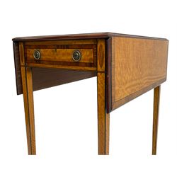 Mid-to-late 20th century Sheraton style satinwood Pembroke table, the drop leaf top with segmented veneers and central oval panel with ebony stringing, crossbanded in rosewood and with edge moulding, single short drawer to one end and faux drawer to other, square tapering supports