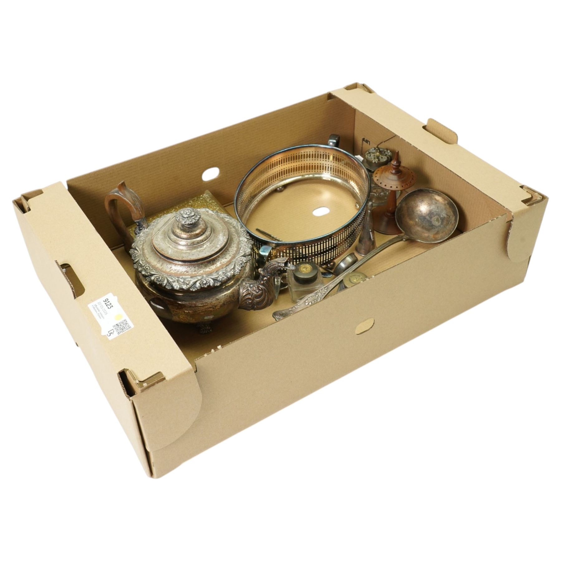 Victorian silver plated tea pot, plated dish frame, toddy ladle, soup ladle by Mappin & Webb and other items