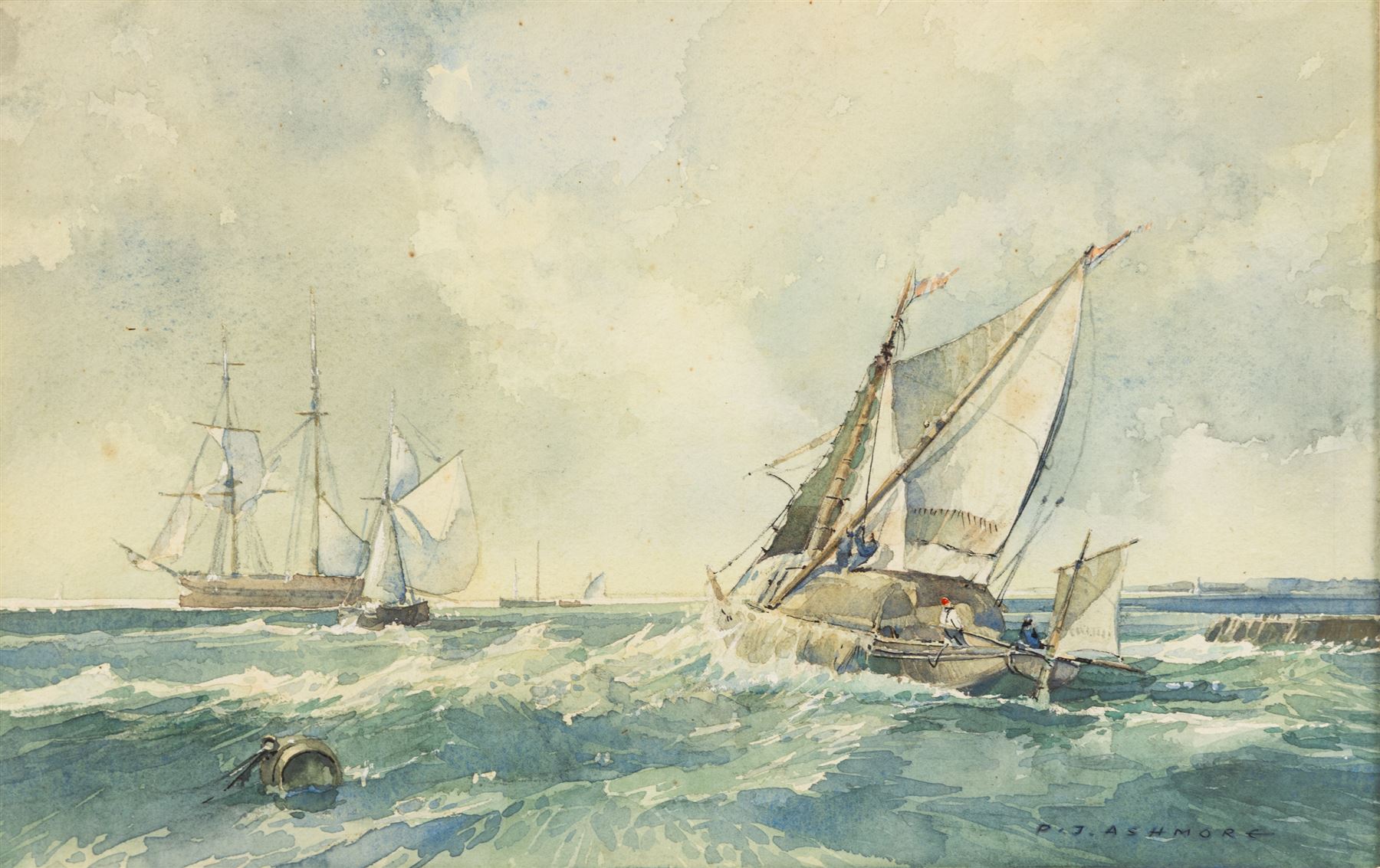 Peter J Ashmore (British b.1923): 'A Fresh Breeze - Hay Barge Gets Under Way', watercolour signed, titled verso 17cm x 27cm