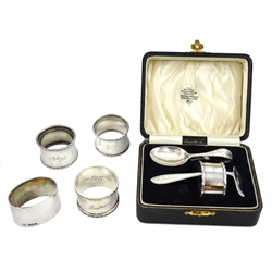 Silver christening spoon and pusher set by Arthur Price & Co Ltd, Birmingham 1932, cased and four hallmarked silver napkin rings, approx 5.8oz