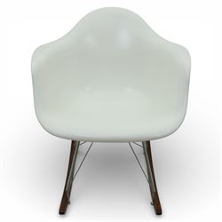 Modernica Los Angeles - RAR rocking chair, moulded white fibreglass shell with integrated arms, raised on chrome wire supports with shaped stained wooden rocking runners