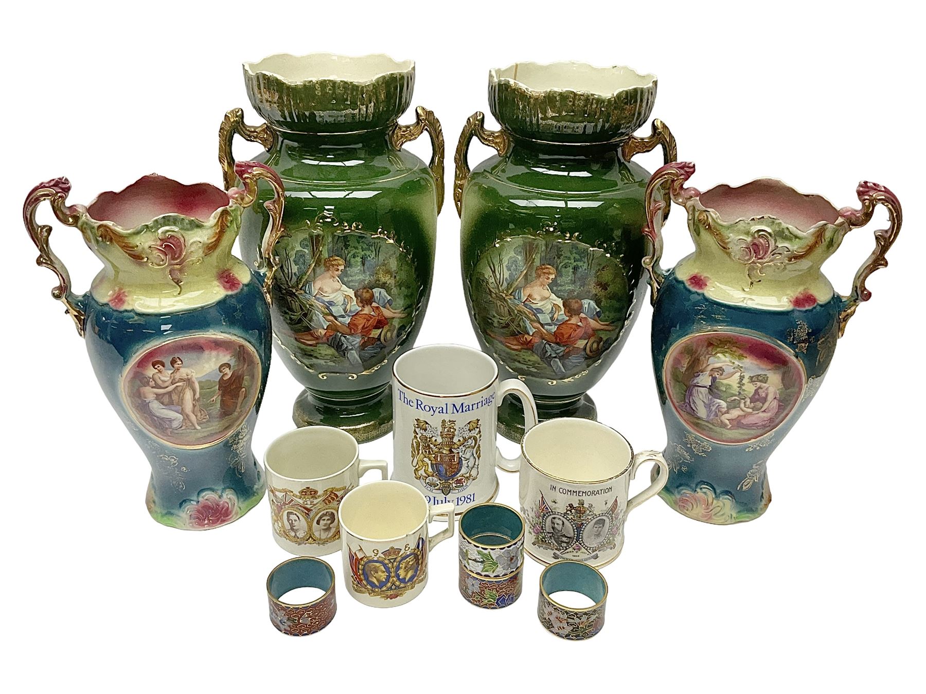 Set of four Chinese cloisonne enamel napkin rings, together with a pair of Strasburg Ware vases, a pair of similar larger continental vases and four Royal commemorative mugs