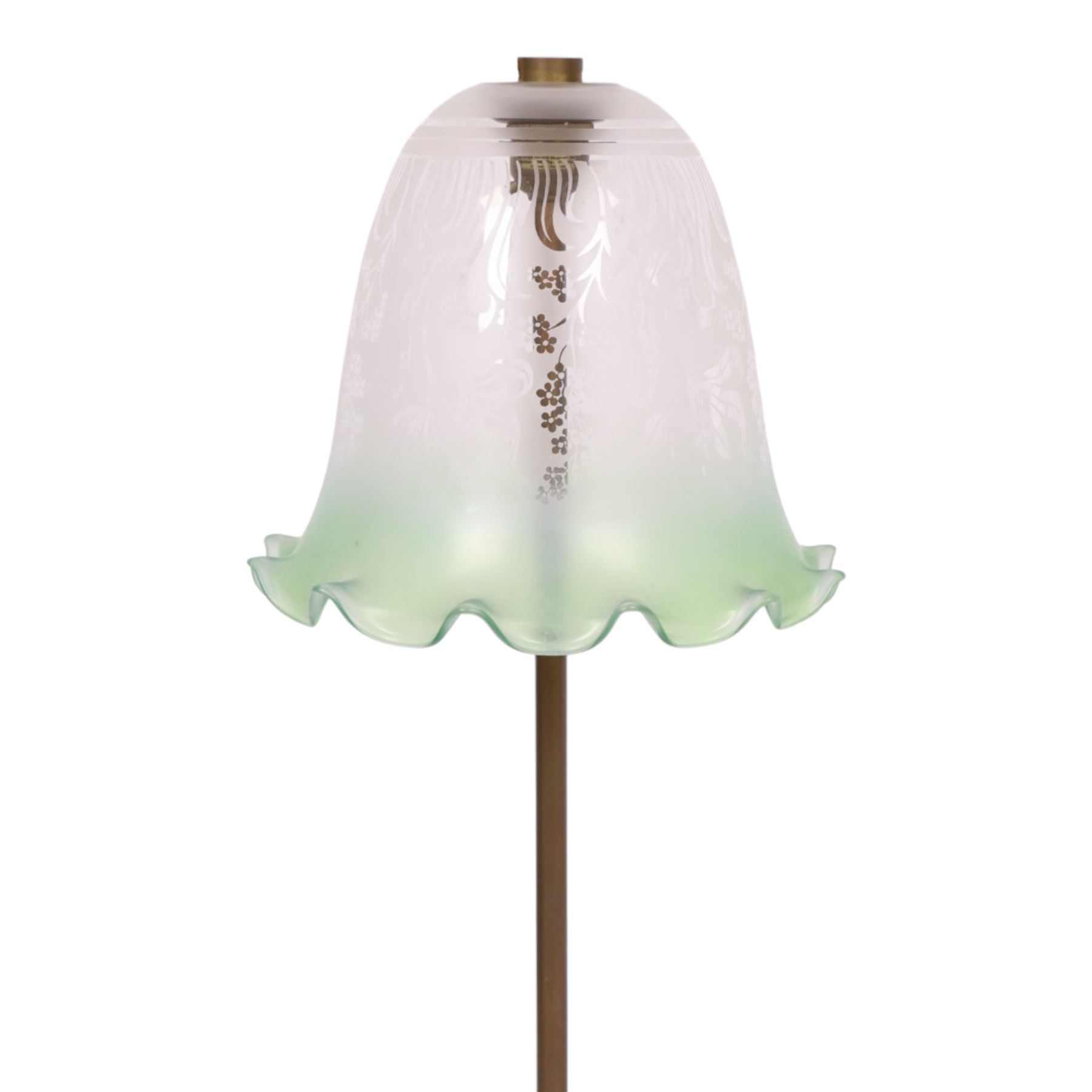 Early 20th century brass table uplight lamp with etched glass shade with fluted rim, H76cm