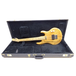  Hand crafted electric guitar, L92cm, polished elm wood body, in hard carry case  