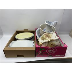 Two Poole Pottery dinner plates and a meat plate, four Copeland Spode Bermuda pattern dinner plates, Sadler jug, Keele St Pottery cottage tea wares, Torquay Motto ware, blue and white jug and bowl, two large planters and other ceramics, etc, in four boxes 