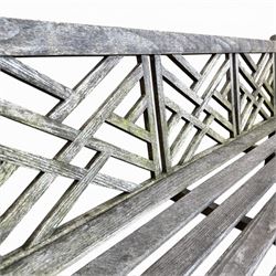 Plantation teak garden bench, triple lattice with slatted seat
