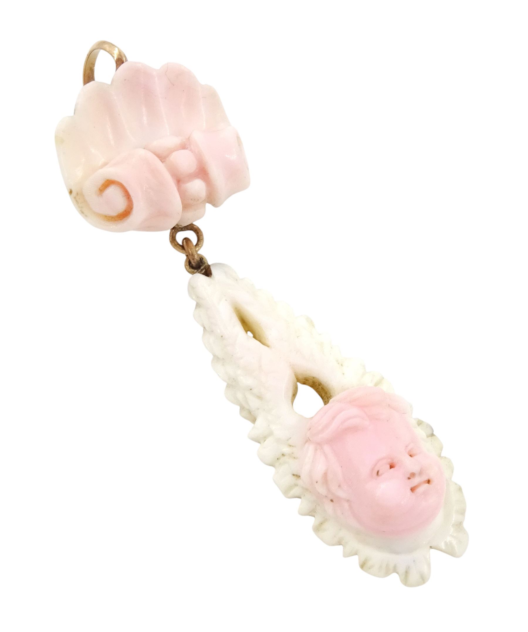 19th century gold Conch shell pendant, carved bust portrait of a child, within a foliate setting, suspending from a conch shell design pendant