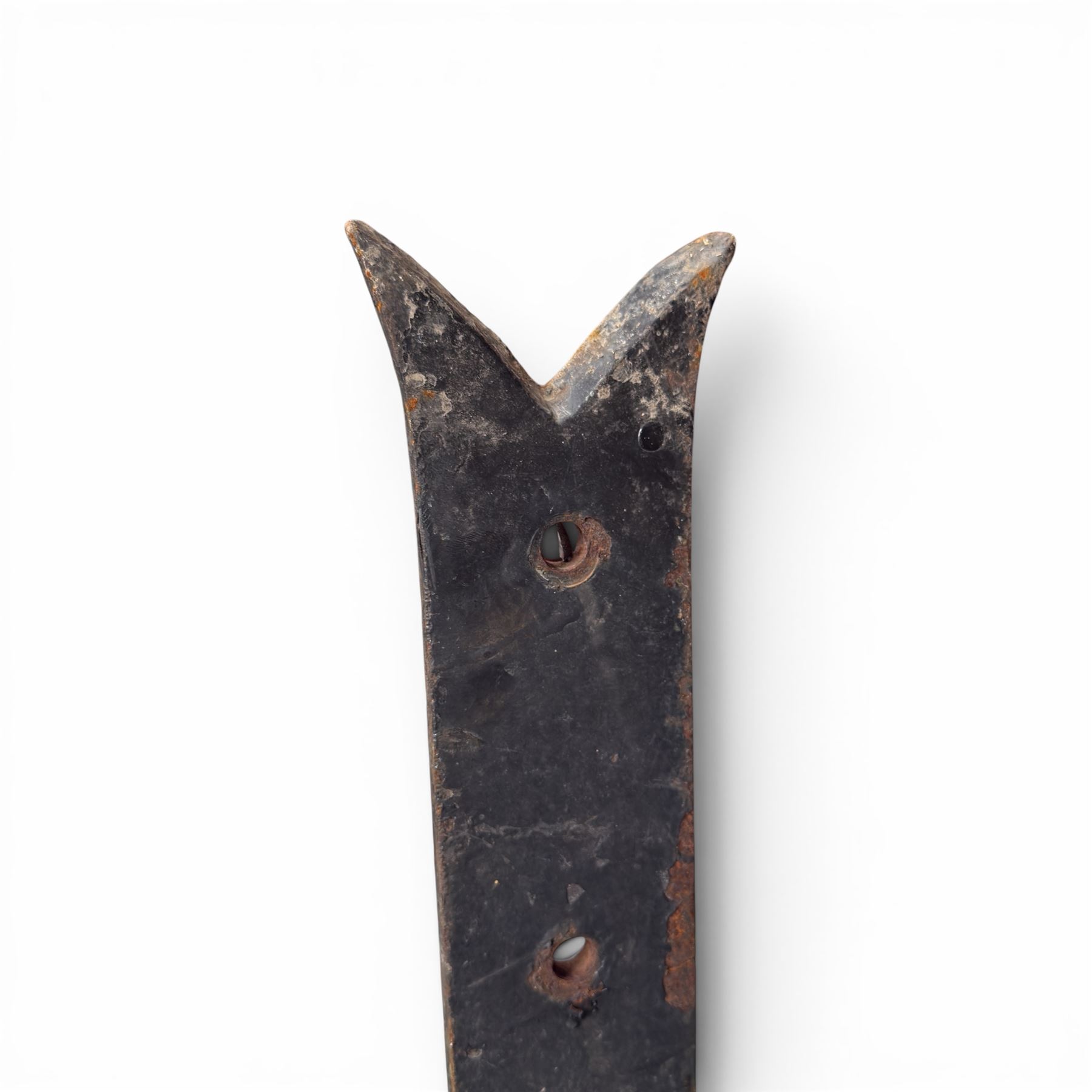 Antique wrought iron sign bracket, with strapwork scroll decoration and arrow form support, in weathered black painted finish