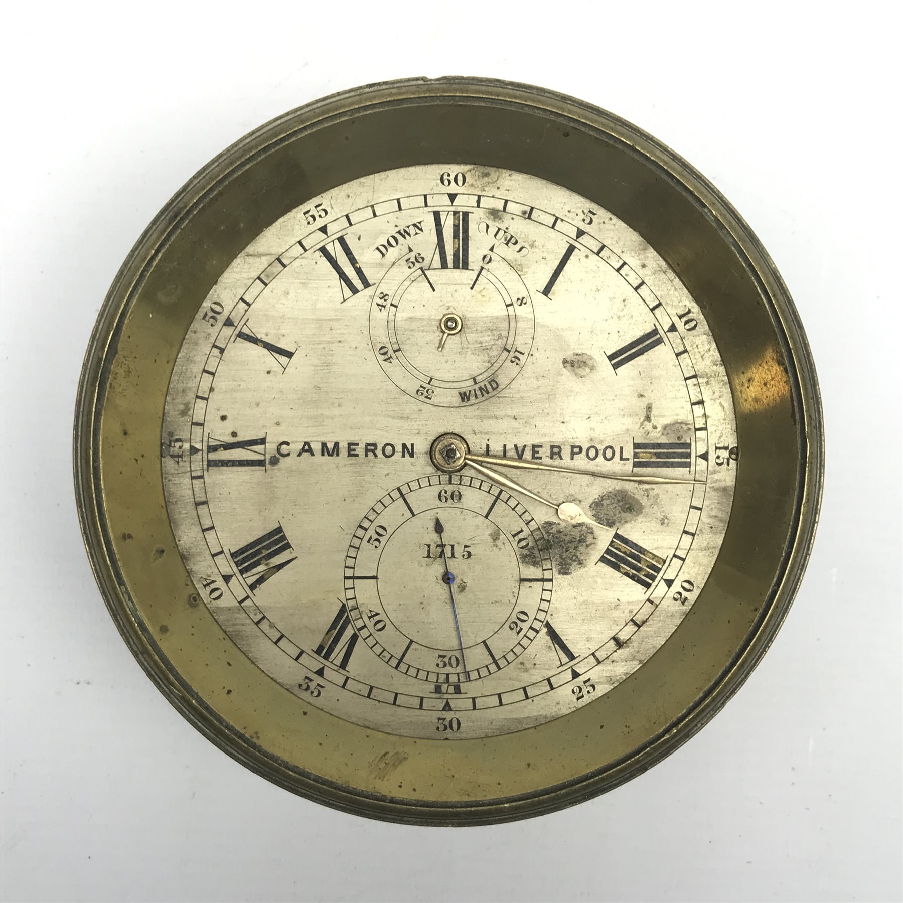 Mid 19th century marine chronometer by 'Cameron, Liverpool', silvered Roman dial, serial no. '1715', four pillar chain fusee movement with detent escapement, engine turned movement plates, dial diameter - 10cm, total diameter - 12.5cm