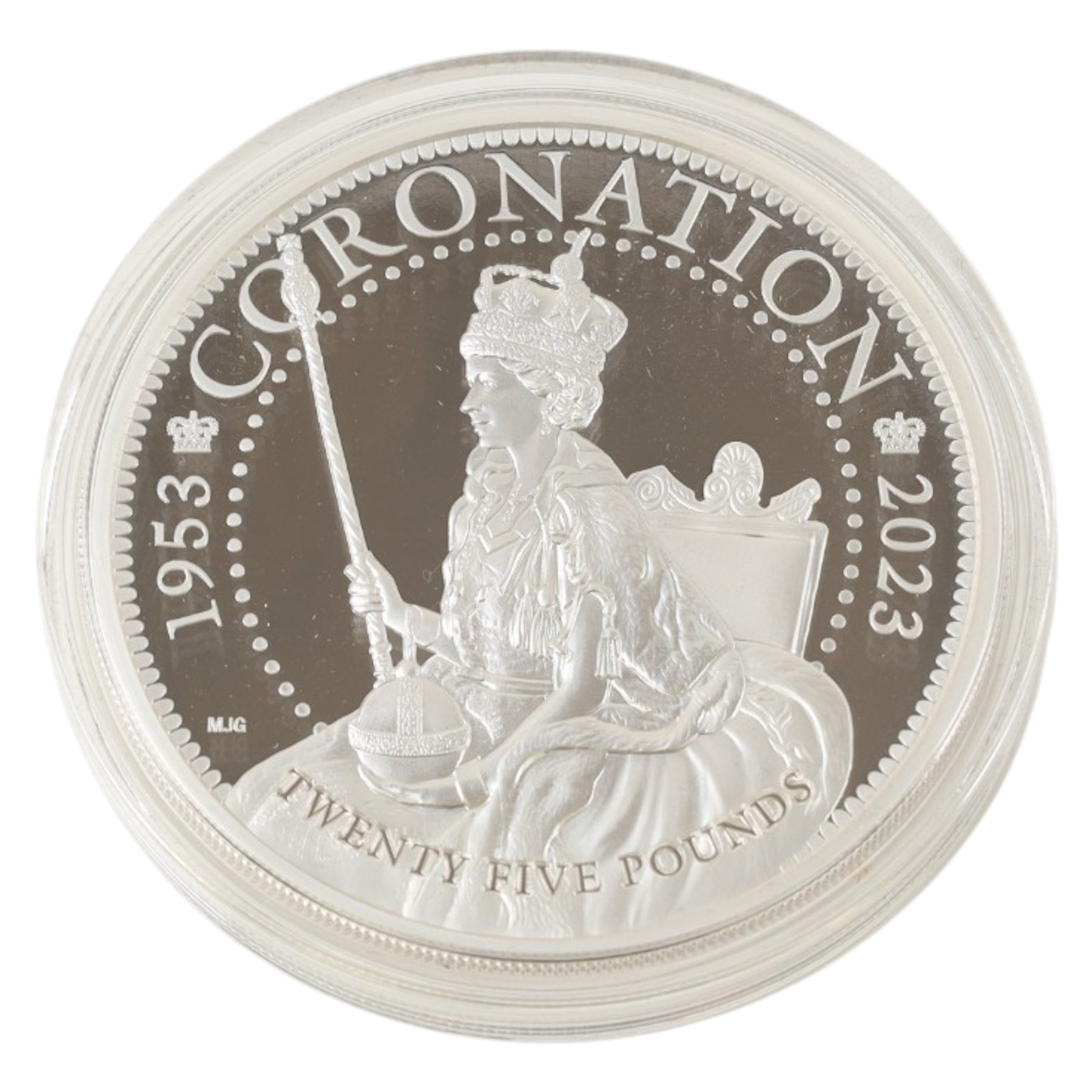 King Charles III Tristan da Cunha 2023 '70th Anniversary of the Queen's Coronation' five ounce fine silver proof twenty-five pound coin, issued by the Jubilee Mint, cased with certificate