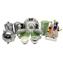 Stayhot teapot and coffee pot, with silver plate clad ceramic bodies, together with another similar coffee pot, jug and sucrier, Staffordshire style flatback figures comprising pair of zebras and cavalier type figure, Melba Ware woodland jug etc