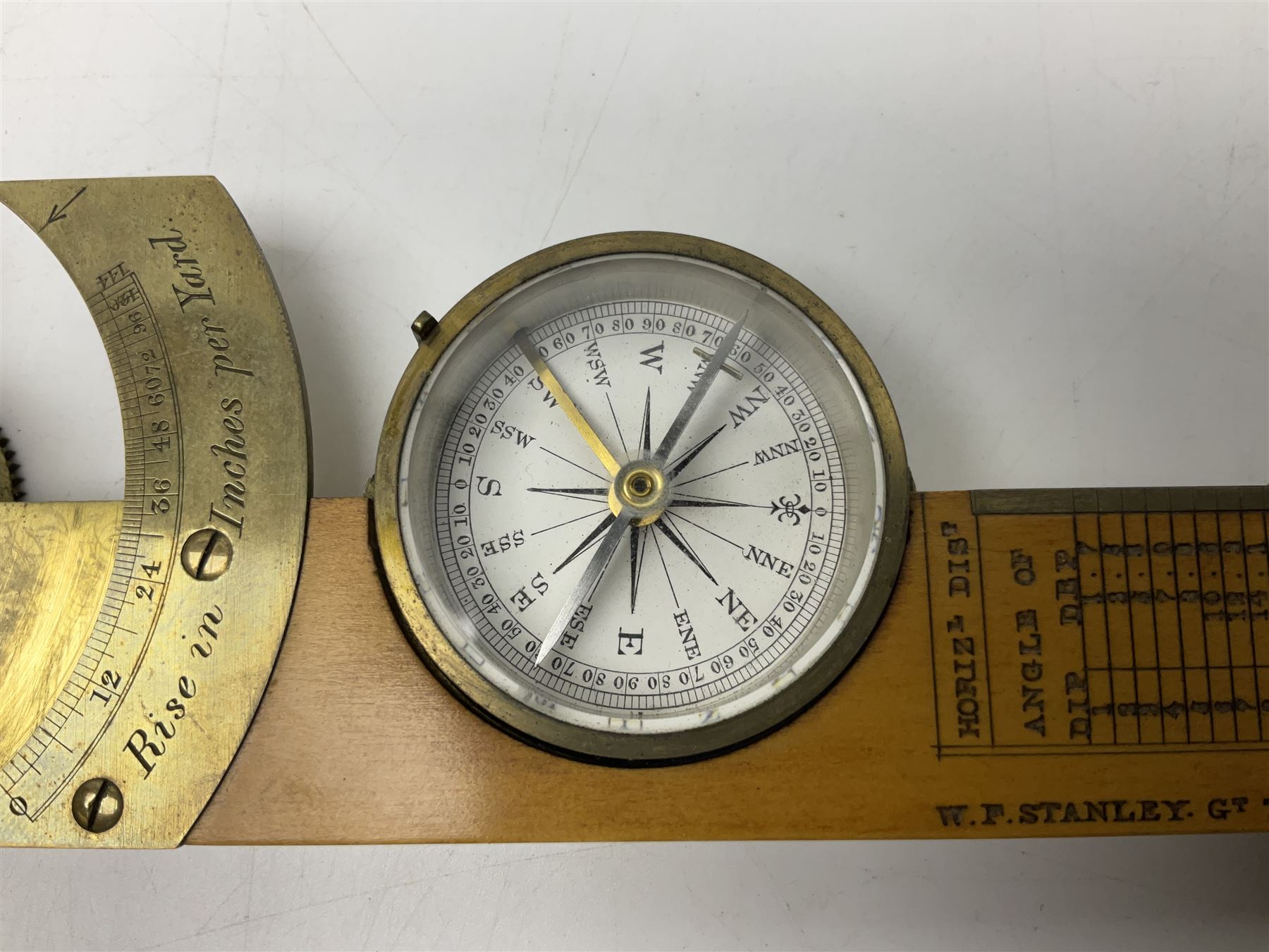 Late 19th/early 20th century boxwood and brass clinometer rule by Stanley, with inset magnetic compass, screw action protractor hinge divided to one degree with rise in inches per yard scale under, spirit level to one edge, marked 'W.F. Stanley Great Turnstile Holborn' with tables of distances, angles and thickness H16cm closed: in original leather covered case with instructions