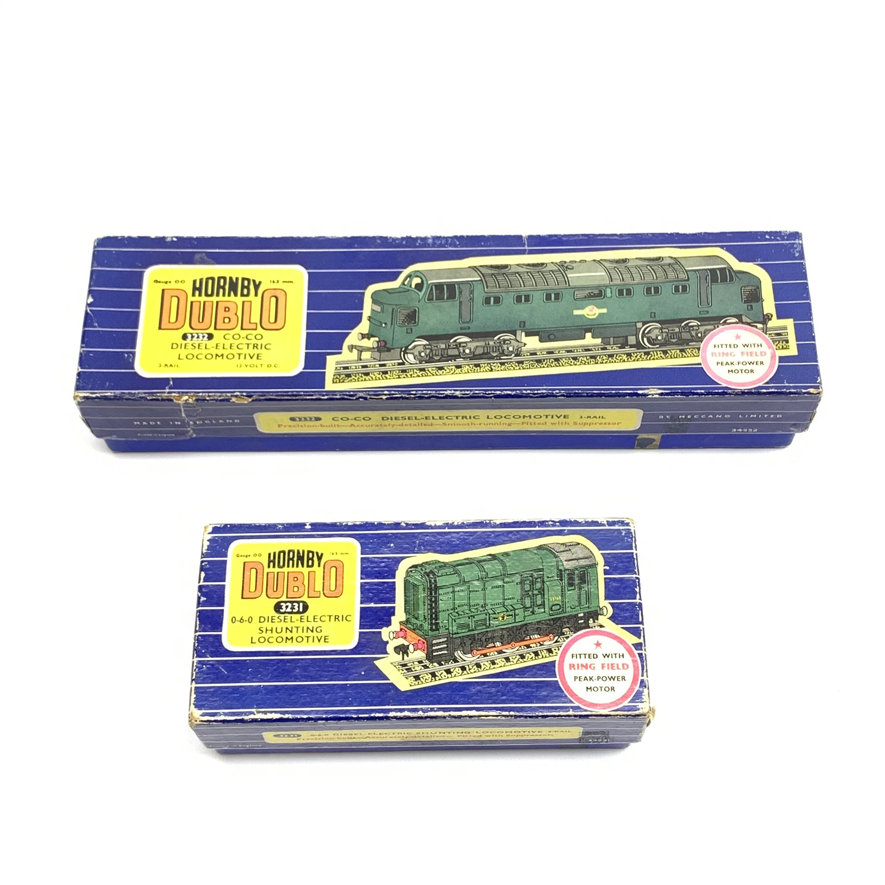 Hornby Dublo - 3232 three-rail Co-Co Diesel Electric locomotive and 3231 three-rail 0-6-0 Diesel-Electric Shunting locomotive, both boxed (2)