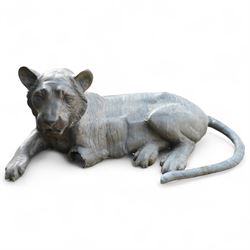 Pair of Chinese cast bronze tiger figures, one in a seated resting pose and the other advancing with open mouth, both with incised striping and aged bronze patina
Seated tiger (H 54cm, W 63cm, L 129cm)
Stood tiger (H 76cm, W 40cm, L 176cm) 