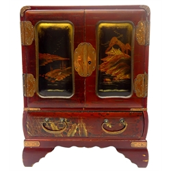  Japanese Meiji lacquer table top cabinet decorated with landscape panels and foliage with copper mounts, with two panelled doors enclosing two long and two short drawers on bracket feet, H31cm x W24cm x D13cm Provenance: private collection   