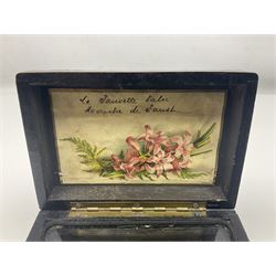 Small late 19th/early 20th century Swiss walnut cased musical box, the overglazed movement with 5cm cylinder and thirty-five tooth comb; the lid with card inscribed 'La Fauvette Salse' and 'Marche de Faust'; under base winding with key; serial no.50443, L12cm