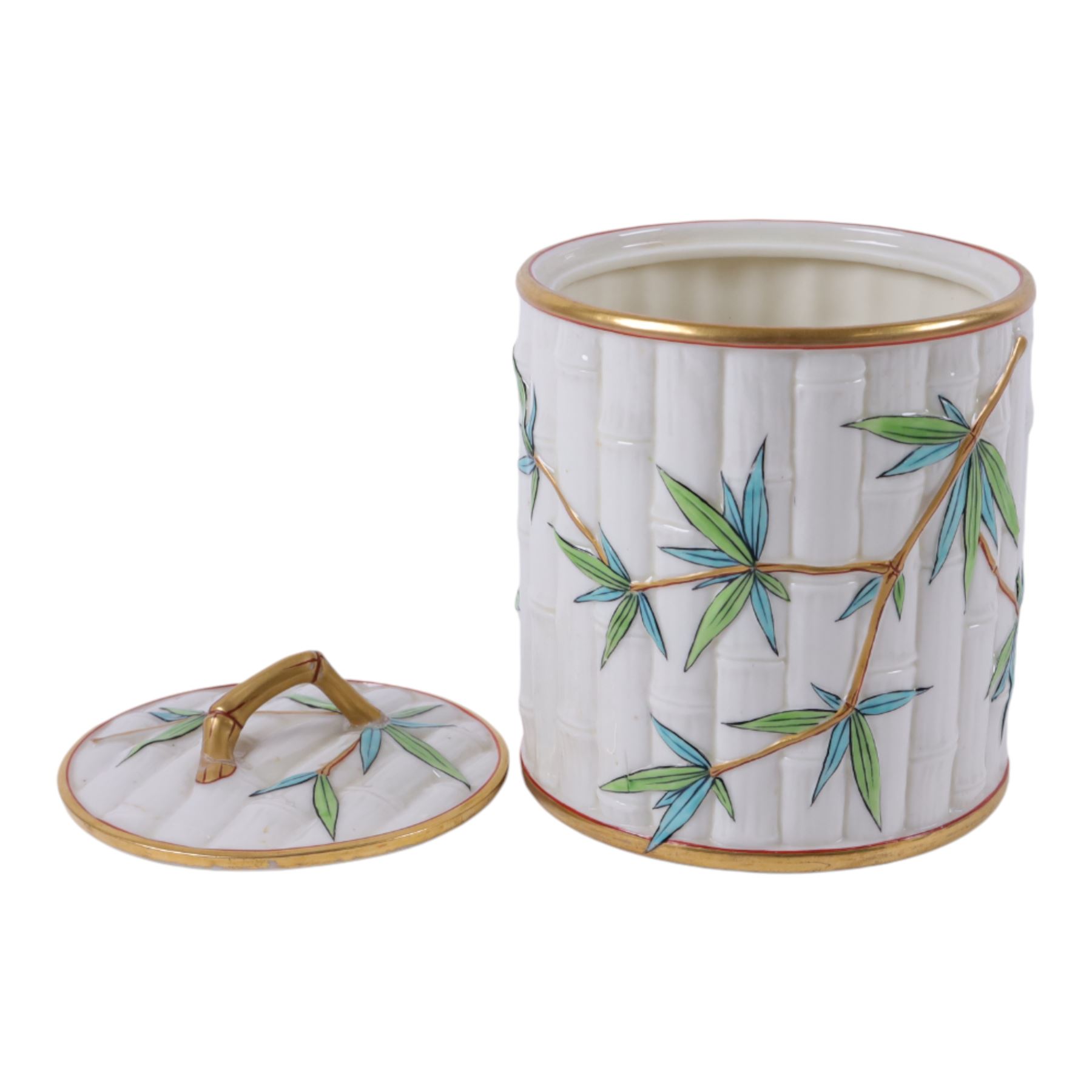 Royal Worcester Blush Ivory biscuit barrel and lid, in the form of bamboo with painted leaves and gilt highlights, H19cm 