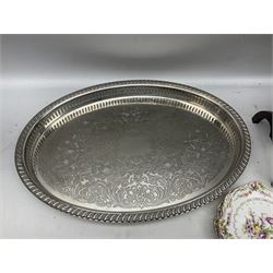 Set of four Dresden dessert plates hand painted with flowers and gilt scrolls, together with silver plate serving dish, a mahogany folding cake stand and a collection of coins