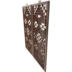 Pair 19th century Chinese lattice wall panels, in moulded frames with metal hangers, the lattice work with reed moulding