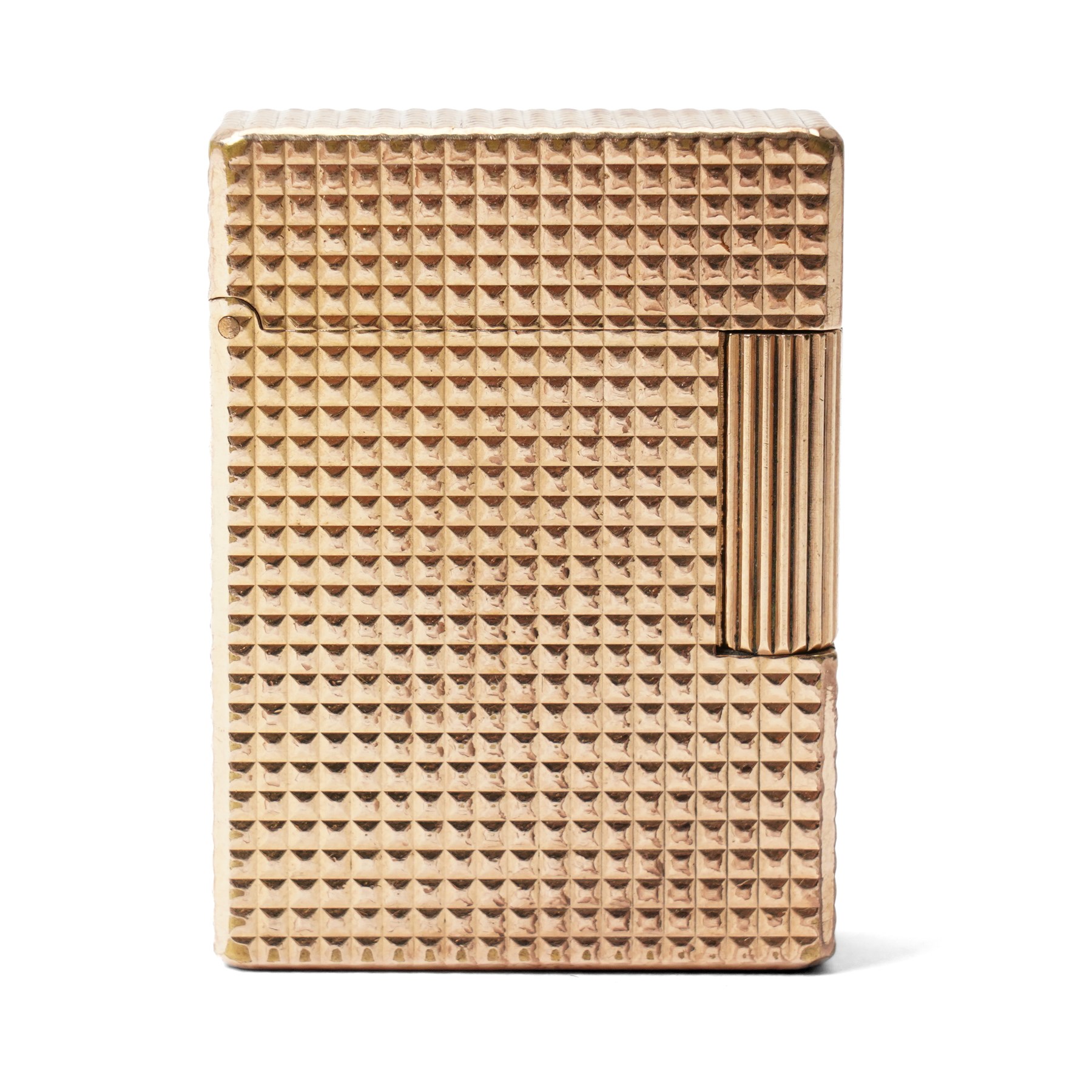 S.T. Dupont - gilt metal pocket lighter, rectangular form with all-over engine-turned diamond decoration and reeded thumbpiece, stamped S.T. Dupont Paris, Made in France, with original fitted box
