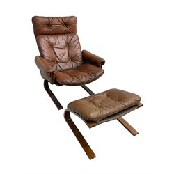 Rykken & Co. - mid-20th century cantilever armchair with footstool, loose cushions upholstered in brown leather 