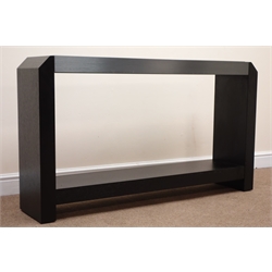  Black stained oak console table, canted corners, black glass top with chrome frame, solid end supports joined by single undertier, W136cm, H77cm, D29cm  