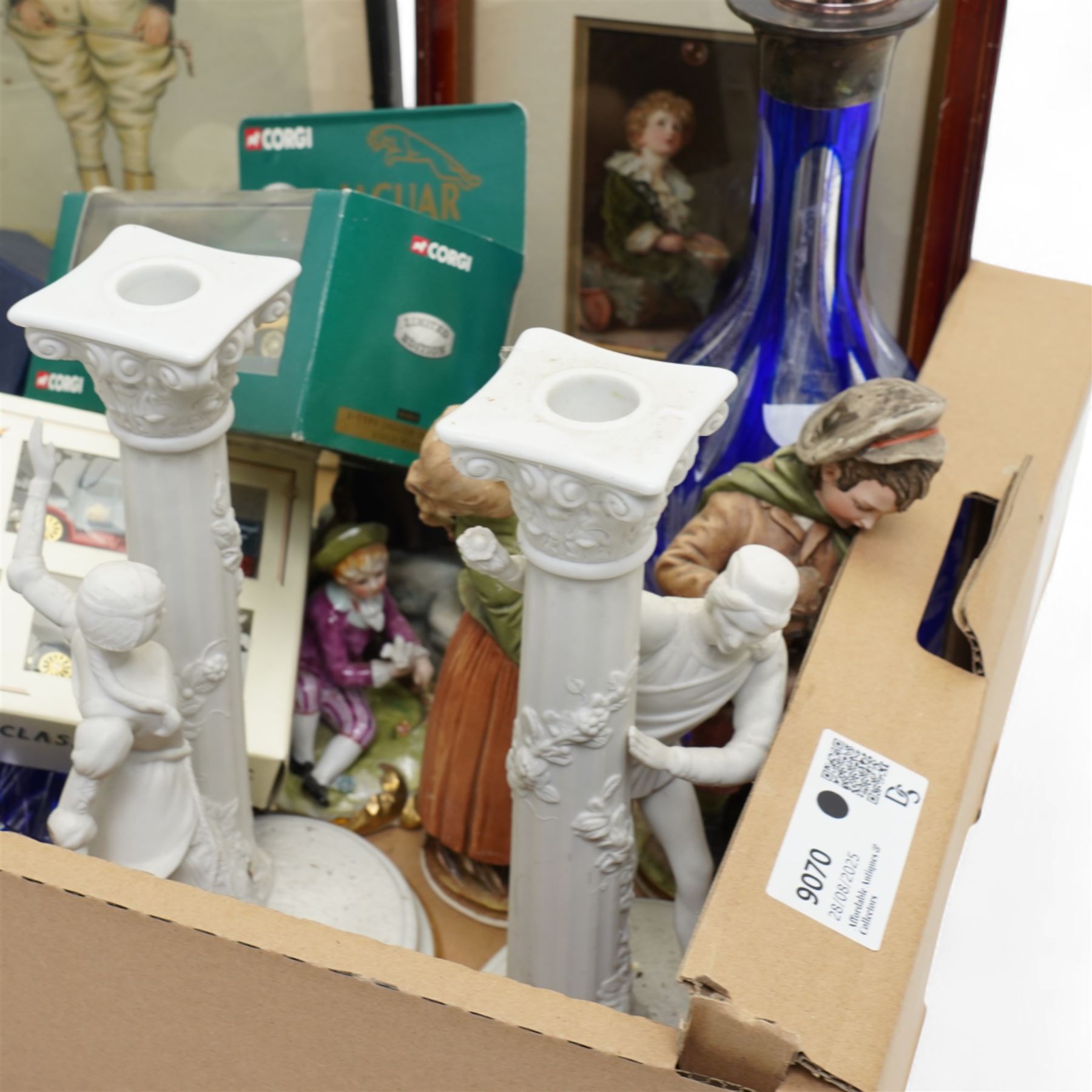 Franklin Mint Romeo and Juliet candlesticks, together with a collection of glass, model cars, bisque figures etc