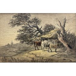 Manner of Thomas Gainsborough (British 1727-1788): Horses Resting in the Shade, watercolour unsigned, indistinctly inscribed verso 9cm x 14cm 
Notes: Compositionally very similar to another Gainsborough pastel, 'Wooded Landscape with Peasant Asleep and Horses outside a Shed' in the Tate. 