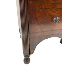 19th century mahogany bedroom stand, the raised gallery back with two small drawers, the lower section fitted with two drawers, curved and reeded uprights, turned feet