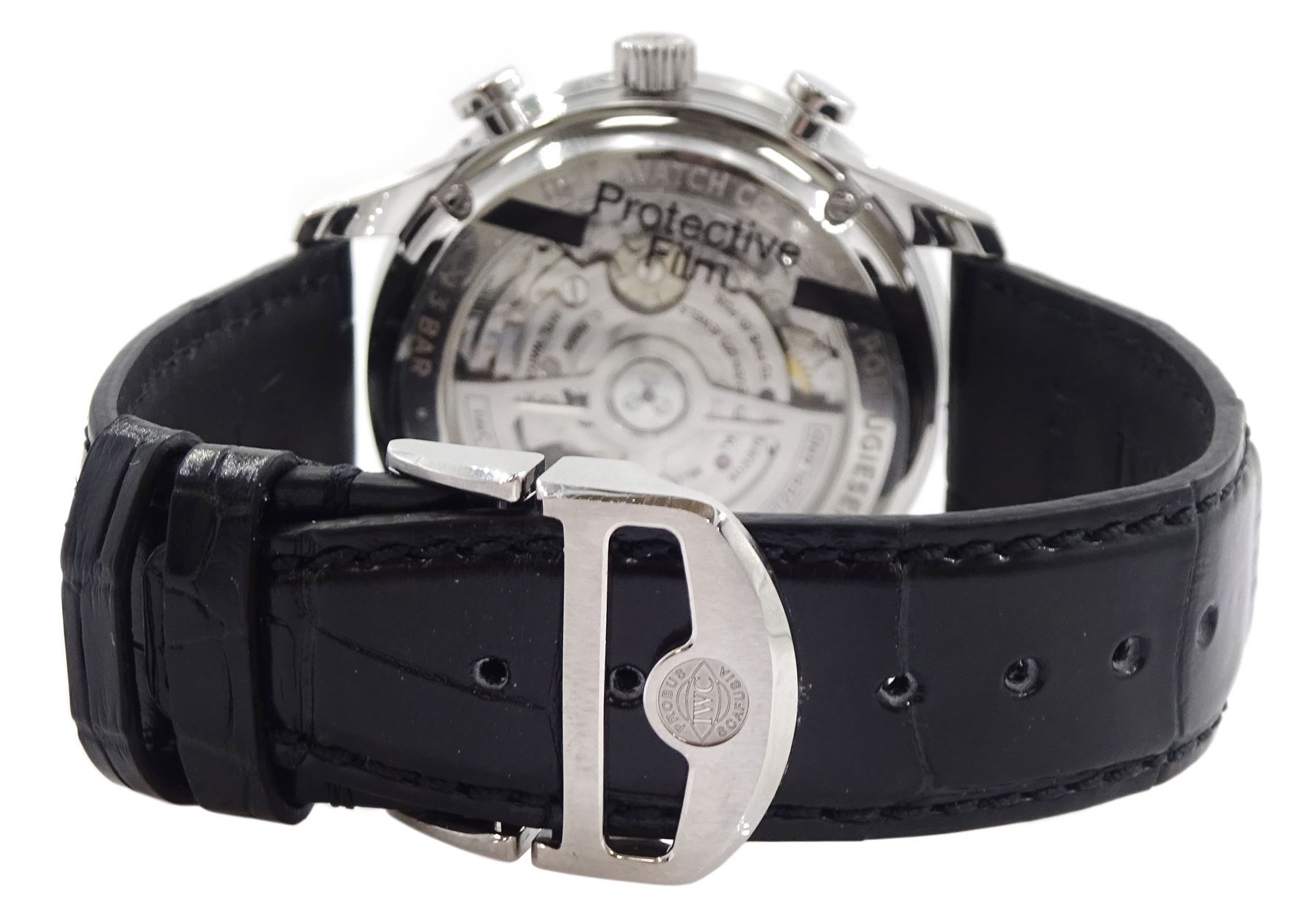 IWC (International Watch Company) Portugieser gentleman's stainless steel automatic chronograph wristwatch, Ref. IW371609, black dial with subsidiary dials at 12 and 6 o'clock for continuous seconds and 30 minute recording, on original black leather strap, boxed with warranty card dated 05.12.2023