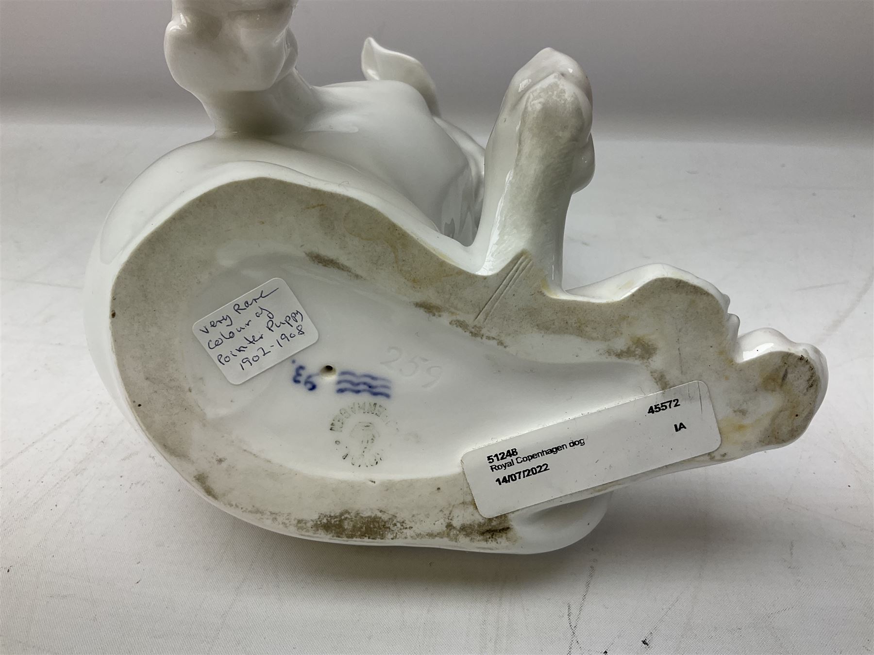 Royal Copenhagen figure of a pointer puppy, modelled seated with rare white and brown patch colourway, designed by Erik Nielsen, model no 259, date code for 1889-1922, with printed and painted marks beneath, H19cm