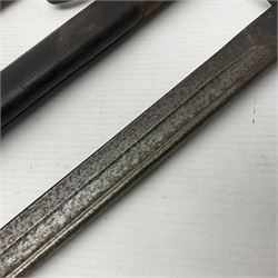 WWI Remington Pattern 1913 bayonet, the 43cm fullered blade with various marks to the ricasso including date code 11 16; in leather covered scabbard with various stamps including JWB 17 L58cm overall; and a French Model 1866 sabre bayonet (no scabbard)