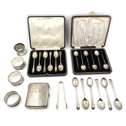  Silver cigarette case, four napkin rings, sets of teaspoons approx 9oz and a set of coffee bean spoons 1oz gross all hallmarked  