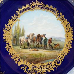 19th century Meissen cabinet plate, the reticulated border modelled with trellis panels and forget-me-nots,  the cobalt blue well with gilt bordered central reserve painted with a scene of a hunting party resting after Philips Wouwerman (Dutch 1619-1668), underglaze blue crossed swords and indistinct impressed numbers verso, D26cm