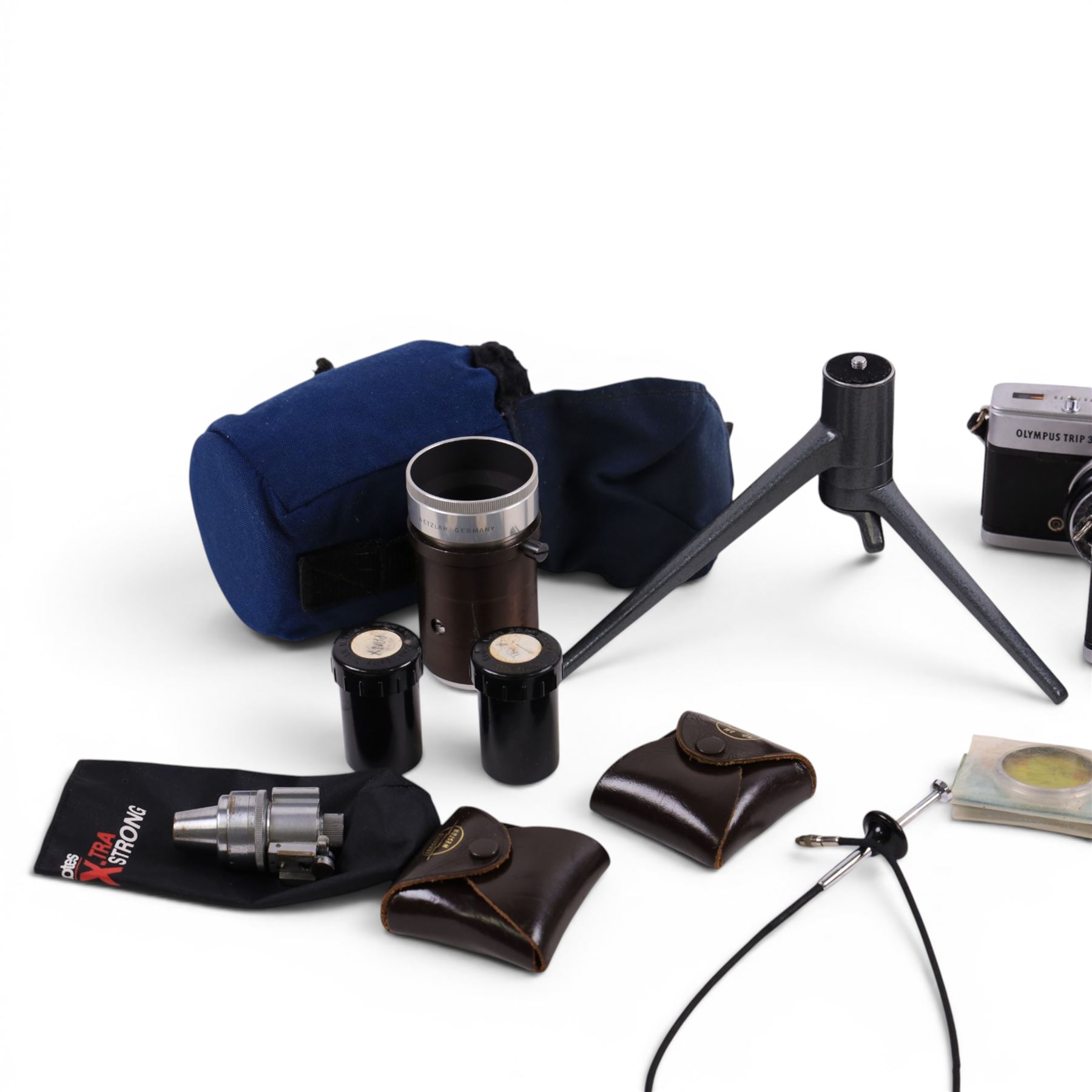 Camera accessories including Leitz projector lens, etc and two Olympus trip 35mm cameras