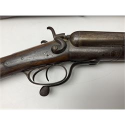 19th century Indian .577 Enfield muzzle loading rifle, proofed for 26-bore, the 98.5cm barrel with three barrel bands and later ram rod L140cm overall; 19th century Belgian side-by-side double barrel percussion shotgun, approximately 20-bore, with 74cm barrels and studded walnut stock, lock plate marked 'Liege 1868' and 'V. Gulikers-Maquinay' L117cm overall; and another side-by-side double barrel shotgun by Smythe with underlever opening (3)