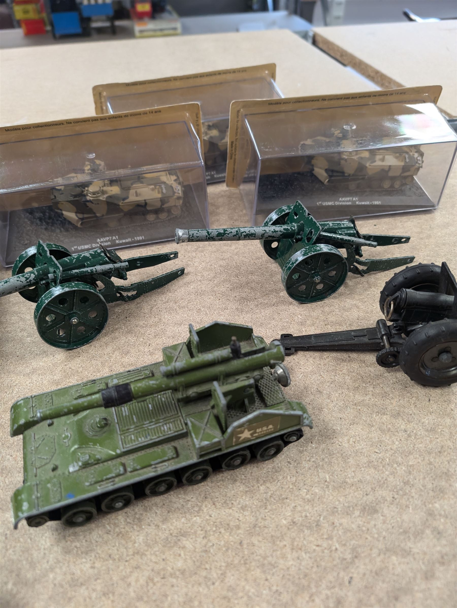 Collection of diecast military vehicles, including Dinky, Matchbox and Solido examples, mostly unboxed tanks
